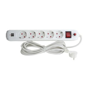 Подовжувач ElectroHouse 5 гнізд із заземленням 3 м 2-USB з кнопкою перевантаження та вимикачем Білий (EH-NFW-5.3ex)