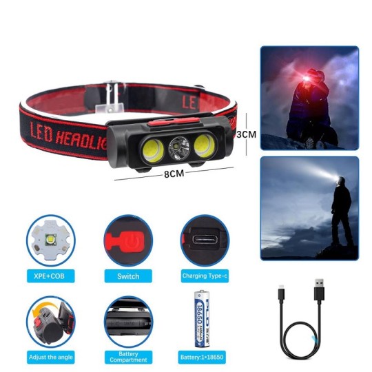 Налобный фонарь PLD-2119B-XPE+2COB(white+red)
