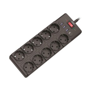 Мережевий фільтр 2E 10 гнізд 3хUSB-A 1хUSB-C 3 м з заземленням Чорний (2E-SP10M3USBBK)