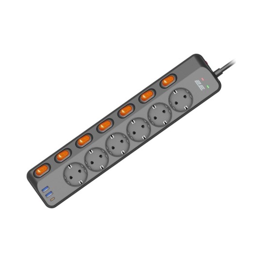 Мережевий фільтр 2E 6 гнізд 2хUSB-A 1хUSB-C 3 м з заземленням (2E-SP6M3SWBK)