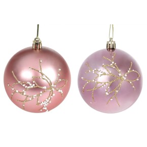 Елочный шар 8см, микс 2-х цветов в дисплей коробке: розовый матовый и лавандовый глянец с золотым узором и бисером