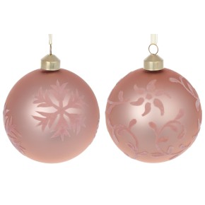 Елочный шар 10см с бархатным орнаментом Снежинки, цвет - розовый, 2 дизайна в дисплей коробке 854-381