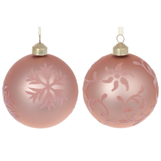 Ялинкова куля 10см з оксамитовим орнаментом Сніжинки, колір - рожевий, 2 дизайни в дисплей коробці 854-381