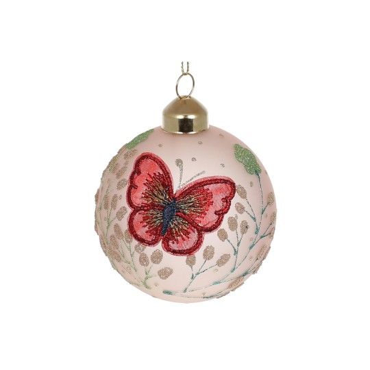 Елочный шар с кружевным декором "Бабочка" 8см, цвет - пудровый 118-082