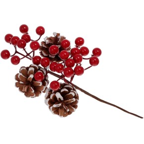 Декоративна гілка з червоними ягодами та шишками, 25см 901-175
