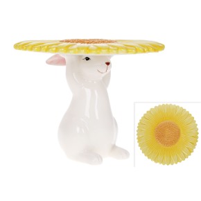 Подставка для кулича/торта керамическая Кролик с цветком, 18,5 см, цвет - желтый (733-559)