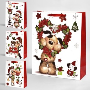 Пакет новогодний бумажный M "Christmas puppy" 26х32х10 см R90857-M