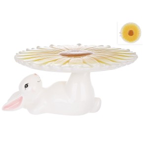 Підставка для паски/торта керамічна BonaDi Кролик з квіткою 22.8х12 см білий з жовтим 733-582
