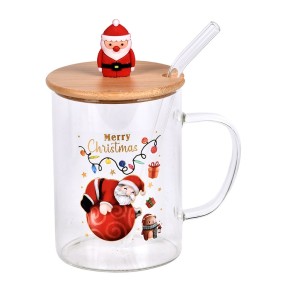 Чашка Stenson Santa з бамбуковою кришкою та трубочкою 450 мл R100355