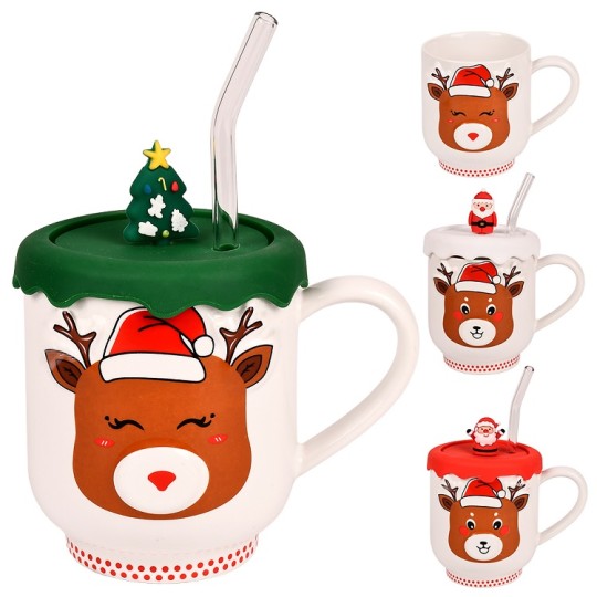 Чашка Stenson Deer з силіконовою кришкою та трубочкою 350 мл R101167