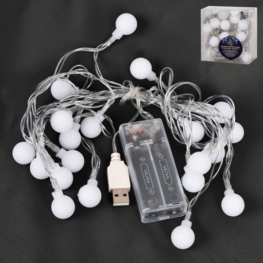 Гирлянда светодиодная Stenson Bubble matt 3 м 20 led белая (2AA+USB) (R95881-W)