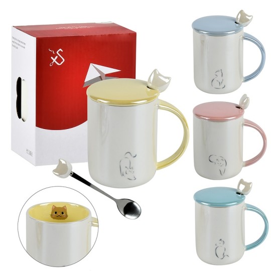 Чашка Stenson Cat-mouse 400 мл з кришкою та ложкою (R32282)