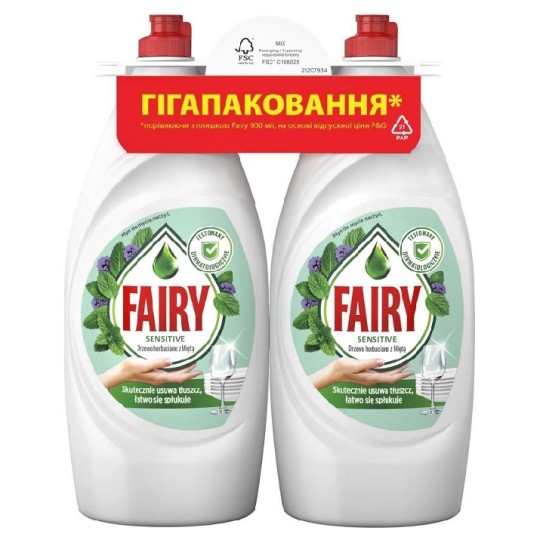 Средство для мытья посуды Fairy Сенситив Чайное дерево и мята 2x900 мл