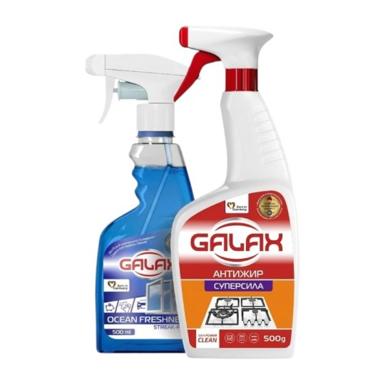 Средство для удаления жира Galax das Power Clean 500 г + средство для мытья стекла Galax Океанская свежесть 500 мл