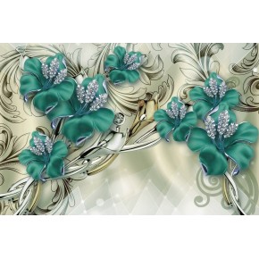 Фотообои "Бирюзовые цветы в алмазах" 3Д код:18_23868