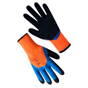 Перчатки утепленные оранжевые синтетические с двойным латексным сине-черным 3/4 покрытием 69863
