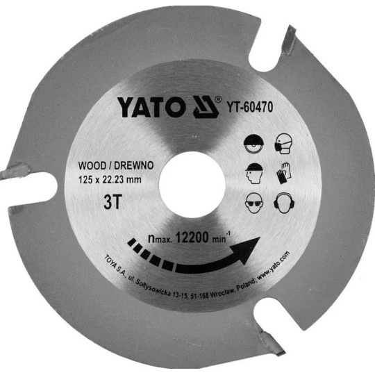 Диск пильный по дереву YATO : Ø125 x 22.23 x 3.8 мм, 3 зубца, R.P.M до 12200 1/мин YT-60470