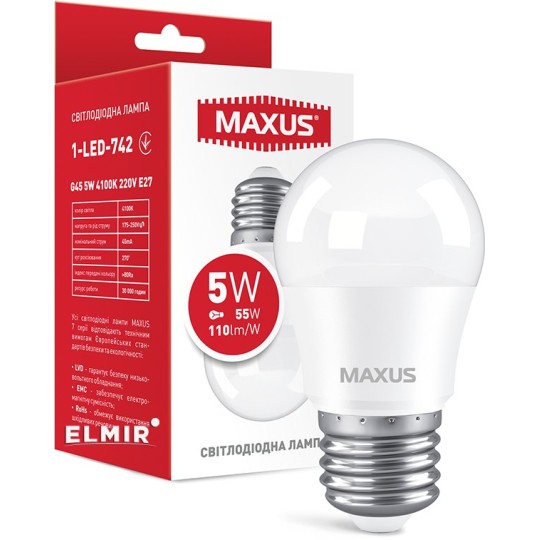 Лампа светодиодная MAXUS 1-LED-742 G45 5W 4100K 220V E27 (1-LED-742)
