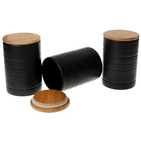 Набір (3шт) керамічних банок 800мл з бамбуковими кришками із об'ємним малюнком Лінії,чорний матовий (304-922)