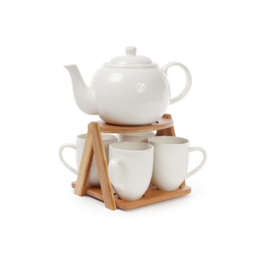 Чайный фарфоровый набор на бамбуковом подносе: чайник 900мл и 4 кружки 320мл (289-348)