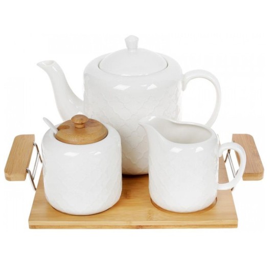 Чайный набор на бамбуковом подносе: чайник, молочник, сахарница с ложкой, 31см 289-328