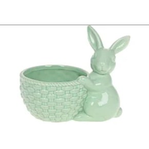 Кашпо декоративне Кролики в кошику, 15 см, колір - білий з м'ятно-зеленим 733-394