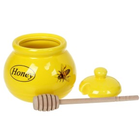 Эмкость для меда керамическая Пчелки с деревянной ложкой, 450мл, цвет - желтый 979-309