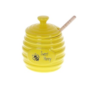 Ємність для меду керамічна Бджілки з дерев'яною ложкою, 450мл, колір - жовтий 979-317