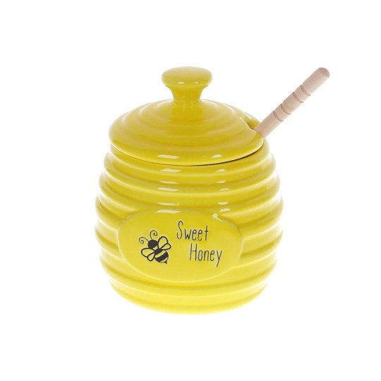 Емкость для меда керамическая Пчелки с деревянной ложкой, 450мл, цвет - желтый 979-317
