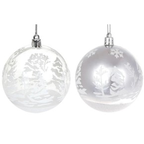 Ялинкова куля 8 см, мікс 2 кольори в дисплей-коробці: срібний глянець і прозорий з візерунком Зимовий ліс (898-195)