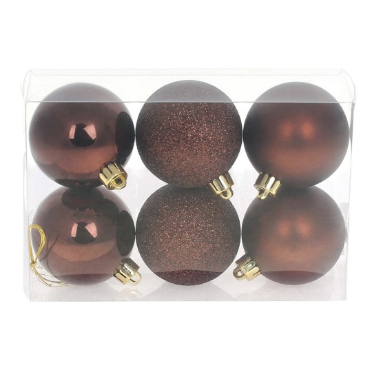 Набір ялинкових кульок 6 см, колір - темний шоколад, 6 штук: глянець, гліттер, матовий - по 2 штуки (147-522)