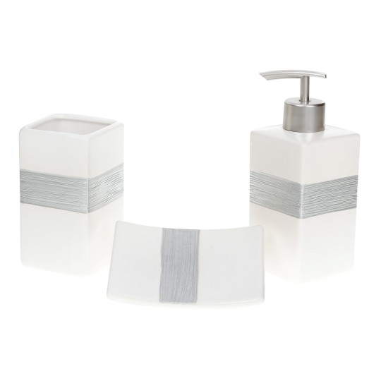Набор для ванной (3 предмета) Оксфорд: дозатор 370 мл, стакан 330 мл для зубных щеток, мыльница, цвет-белый с серебряным (851-278)