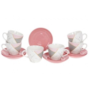 Набір для кави фарфоровий: 6 чашок 240мл + 6 блюдець, колір - рожевий з білим (905-257)