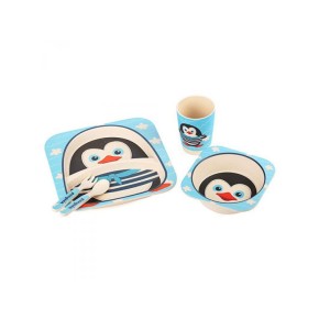 Посуда детская бамбук "Пингвин" 5предметов/набор (2 тарелки, вилка, ложка, стакан) MH-2770-14 (MPH029620)
