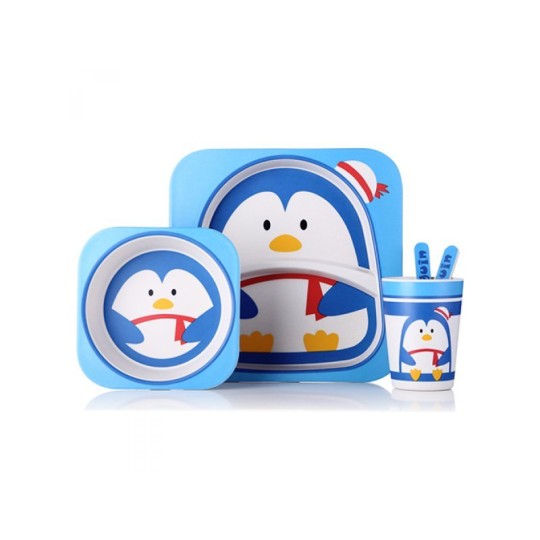 Посуда детская бамбук "Пингвин 2" 5предметов/набор (2 тарелки, вилка, ложка, стакан) MH-2770-22 (029628)