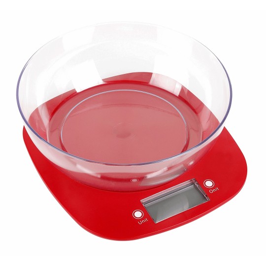 Весы кухонные GRUNHELM KES-1PR (красные, с чашей) максимальный вес 5кг, сенсорные, с батареей 1х3VCR2032 (70343)