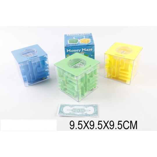 Головоломка 3D-лабиринт-копилка куб, 3 цвета, размер 9,5 * 9,5 * 9,5 см (2691)