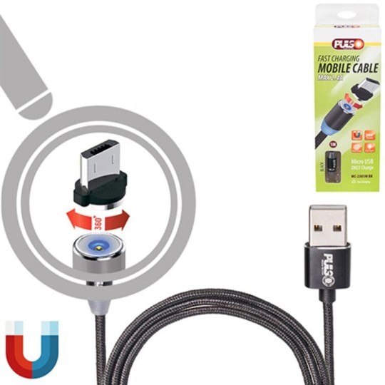 Кабель магнитный PULSO USB - Micro USB 2,4А, 1m, black (только зарядка) (47912)