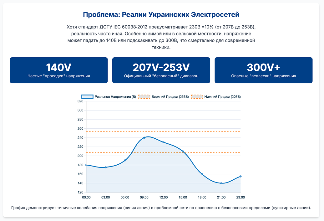График колебаний напряжения и допустимый диапазон