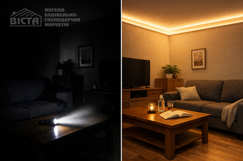 Порівняння освітлення кімнати ліхтариком та LED стрічкою.