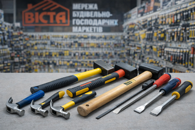 Молоткм, зубила, та кувалди на столі в магазині Віста
